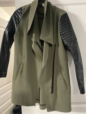 Olive Green Draped Coat with Black Quilted Sleeves